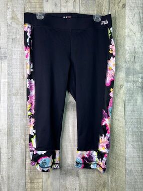 Fila Sport Size Large Black Capri Length Leggings w/Floral Side Stripes